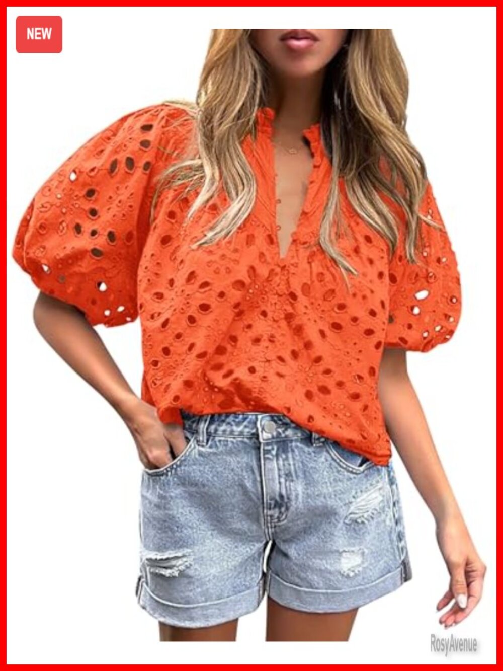 Womens Boho Eyelet Puff Sleeve Blouse Button Up V Neck Casual Top